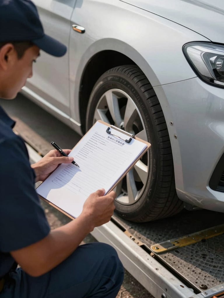 Close-up of a crew member in uniform conducting a pre-load vehicle inspection, clipboard in hand, crouching beside a sedan on a carrier ramp, natural daylight, visible markings on the inspection sheet