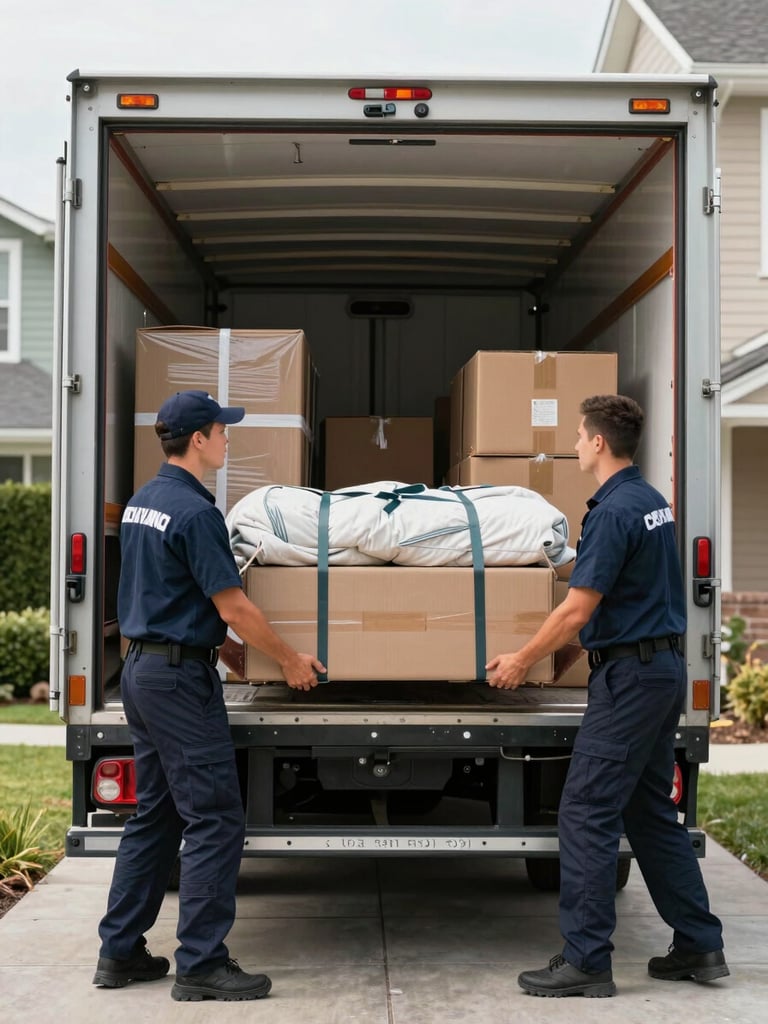 Wide medium shot of two uniformed movers methodically loading strapped furniture blankets and sealed brown boxes into a large moving truck in a residential driveway, daylight, truck interior organized with visible straps
