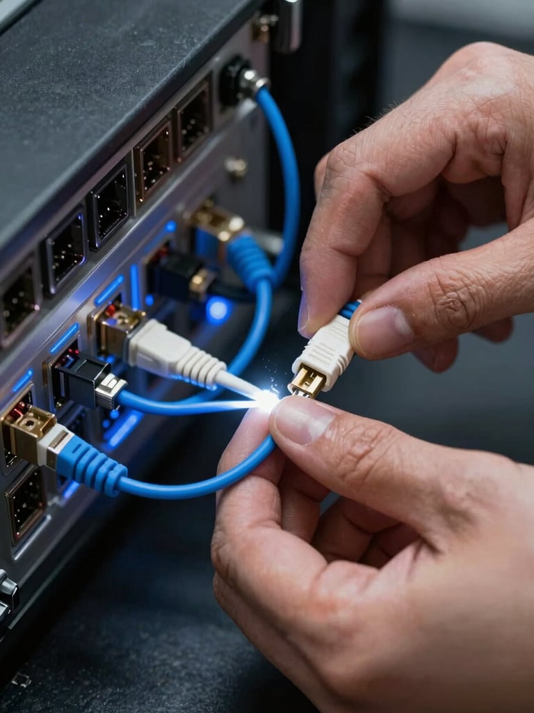Close-up macro overhead of a technician's hands connecting fiber optic cables on a patch panel under intense side-lighting, electric-blue light tracing the cable paths against a near-black surface, sharp focus on the connectors with circuit board visible beneath