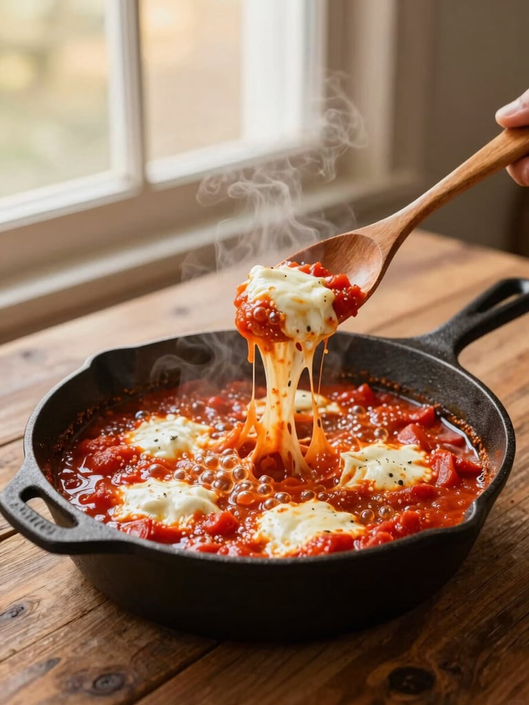 Steaming cast iron skillet on a rustic wooden table, bubbling tomato sauce with melted mozzarella stretching from a wooden spoon, warm late-afternoon window light.