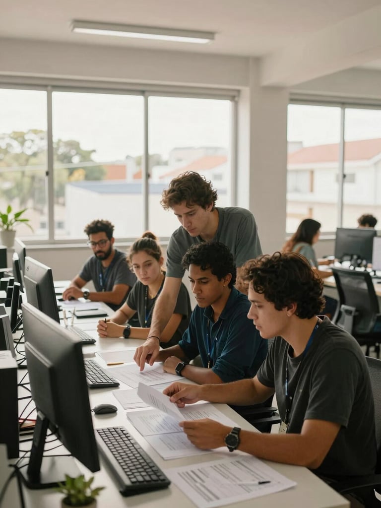 Wide medium shot of a bright open-plan office in Bauru, natural window light flooding across collaborative workstations, a small diverse team gathered around a desk reviewing printed documents, one staff member pointing at a page while colleagues listen attentively, warm afternoon light, documentary framing