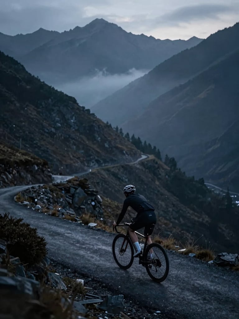 Low-key dramatic shot of a single cyclist climbing a steep mountain pass at dawn, cool blue and dark grey tones, mist in the valley, high contrast.