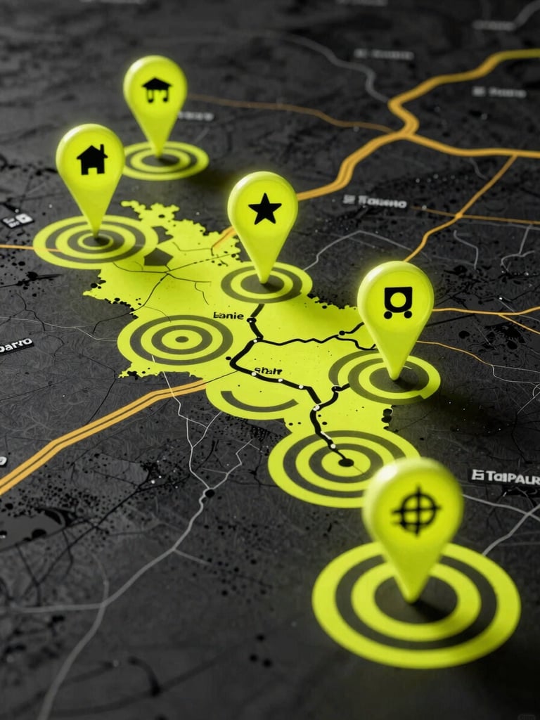 High-contrast graphic map of São Paulo metropolitan area and major highways, highlighted with glowing safety yellow dispatch pins and coverage radius rings, clean modern interface