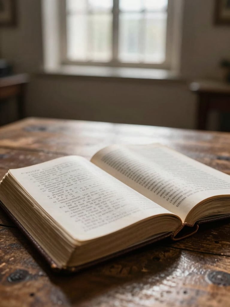 Close-up shot of a worn leather Bible resting open on a rustic oak table, handwritten study notes in the margins, soft morning sunlight filtering through a high church window, shallow depth of field.