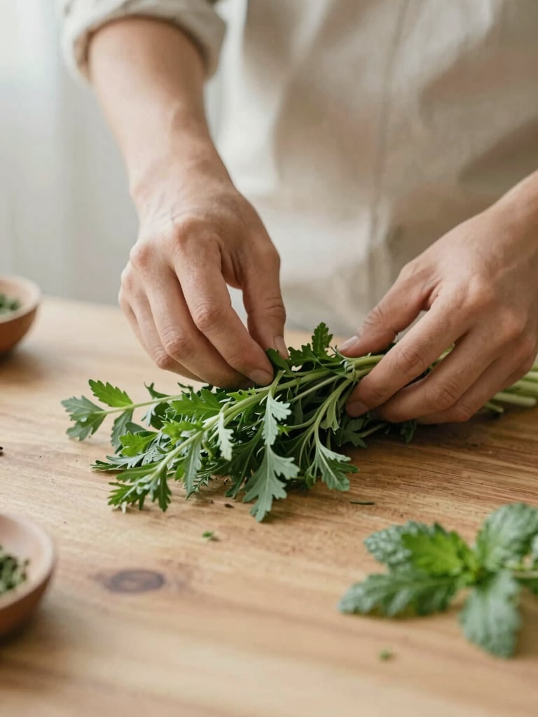 Manos preparando ingredientes frescos (verduras, hierbas) sobre una tabla de madera rústica, luz de la mañana, enfoque en el detalle.