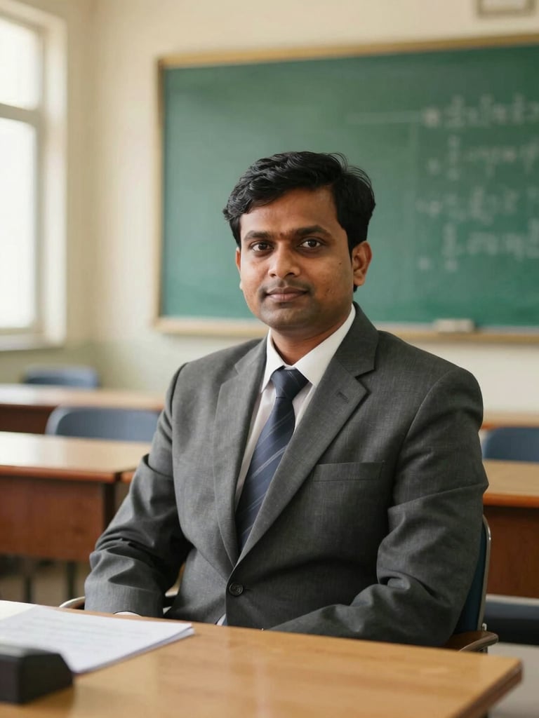 Warm editorial portrait of an Indian male school director in a formal suit, sitting in a bright academic office, natural daylight, 35mm.