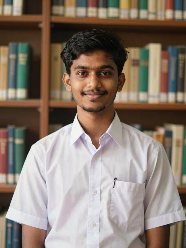 Warm editorial portrait of a young Indian male school principal, standing in front of a library bookshelf, smiling, soft daylight, 35mm.