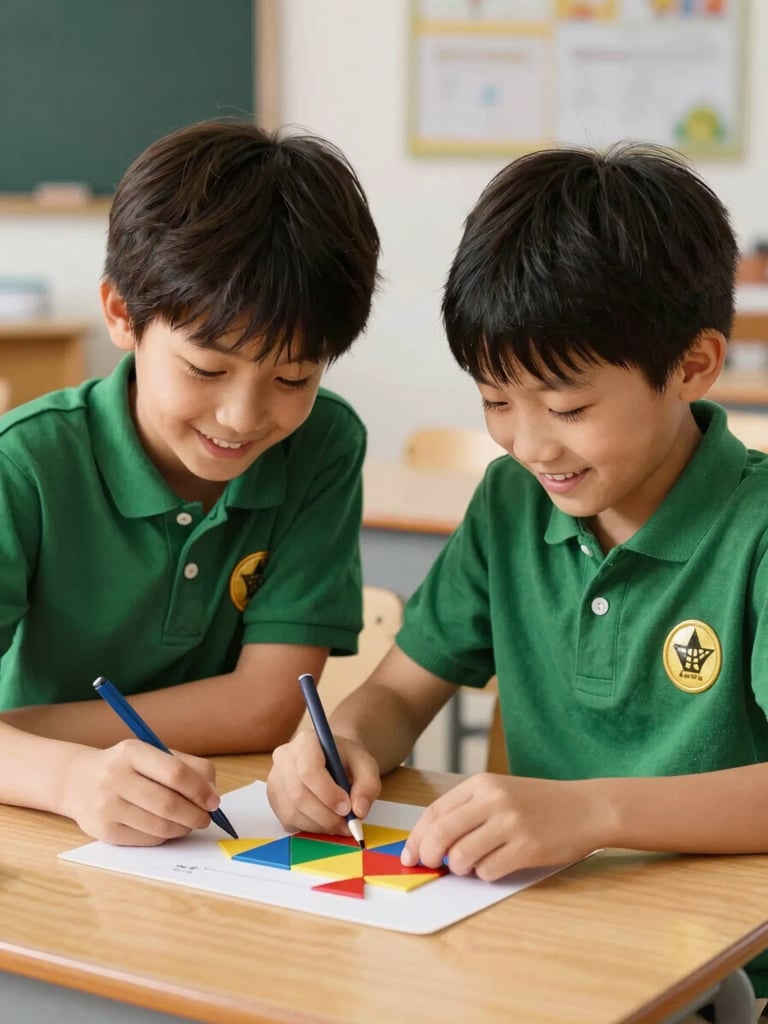 Two primary school children smiling while working together on a colorful geometry puzzle on a wooden desk, warm daylight, natural classroom setting.