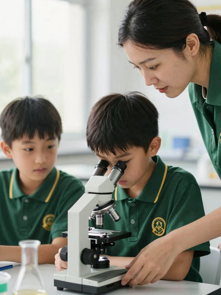 A close-up of a teacher guiding two young students as they look through a microscope in a bright science lab, warm natural light, deep green uniform details.