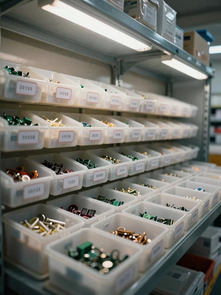 Wide shot of organized warehouse storage bins with labeled compartments holding small electronic components, overhead fluorescent light casting clean shadows, steel shelving unit extending into background