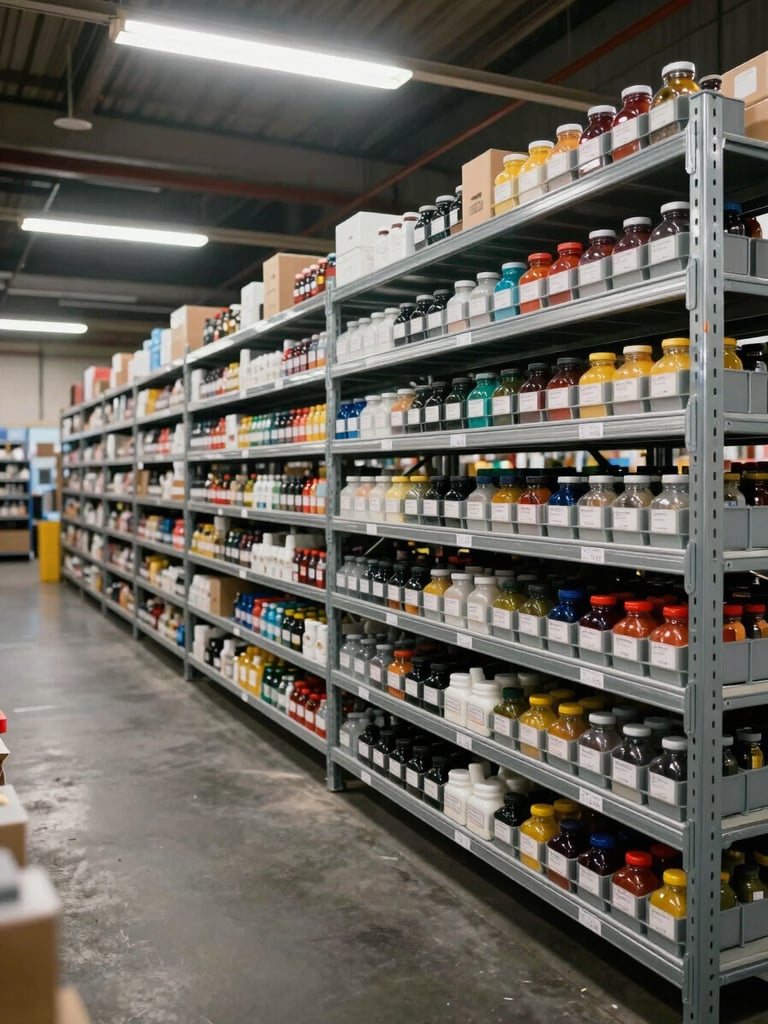 Wide shot of organized industrial warehouse shelving under overhead fluorescent light, rows of labeled component bins in steel-gray metal racks stretching into the background, left-side framing with generous negative space to the right