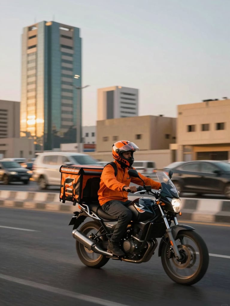 Wide shot from the right side, a motorcycle delivery rider accelerating through a Riyadh urban corridor at golden hour, orange light catching the helmet and delivery box, motion blur on the background buildings, sharp rider in foreground