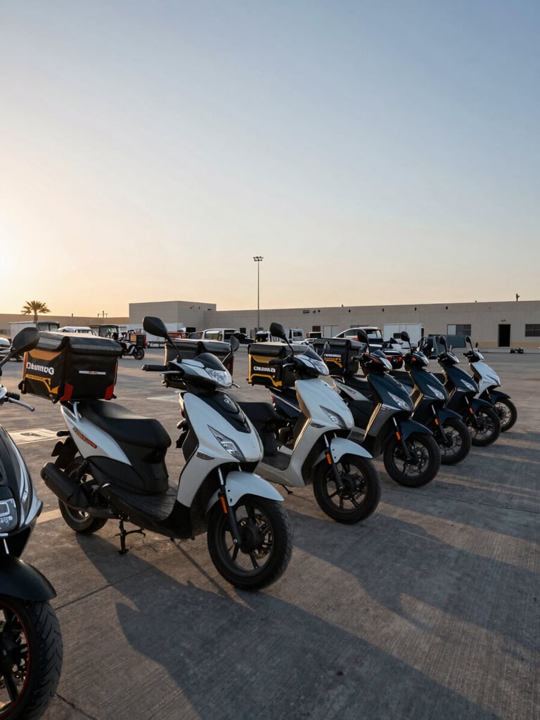 Wide environmental shot of a small fleet of branded delivery motorcycles lined up at dawn in a Dammam logistics yard, cool morning light, geometric shadow patterns on the ground, no people visible