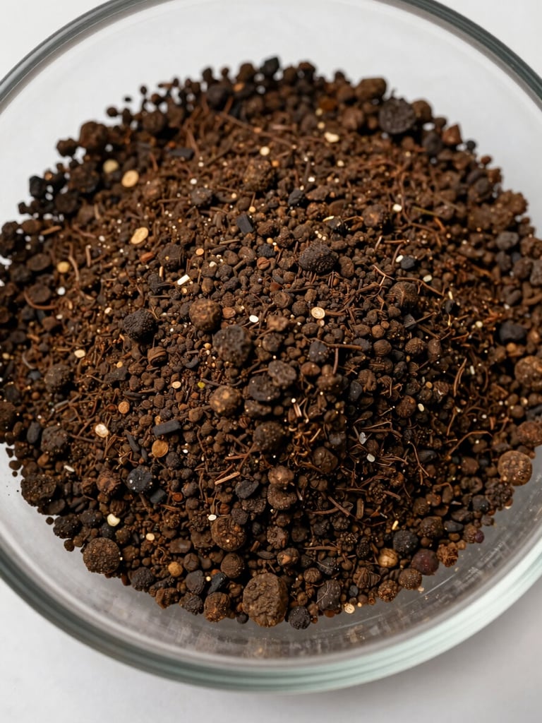 Close-up macro photograph of vermicompost sample in a shallow laboratory tray, granule structure clearly visible with varied dark brown particle sizes, overhead studio lighting, flat lay on white surface, no hands or tools in frame
