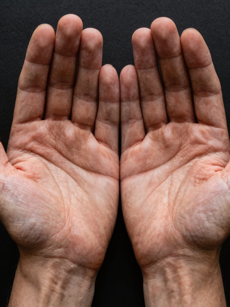 Extreme close-up macro of two open palms placed side by side on a matte black surface, studio strobe light raking across the skin to reveal every line and fingerprint ridge as sculptural relief, diverse warm skin tone, wrists visible at the bottom, no props or decoration