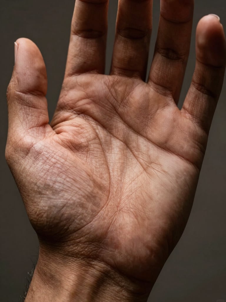 Extreme macro close-up of an open human palm facing up, palm lines rendered as deep sculptural grooves, warm brown skin tone, studio strobe light from above-left creating sharp shadows in each crease, neutral dark background, palm fills entire frame, wrist barely visible at bottom edge