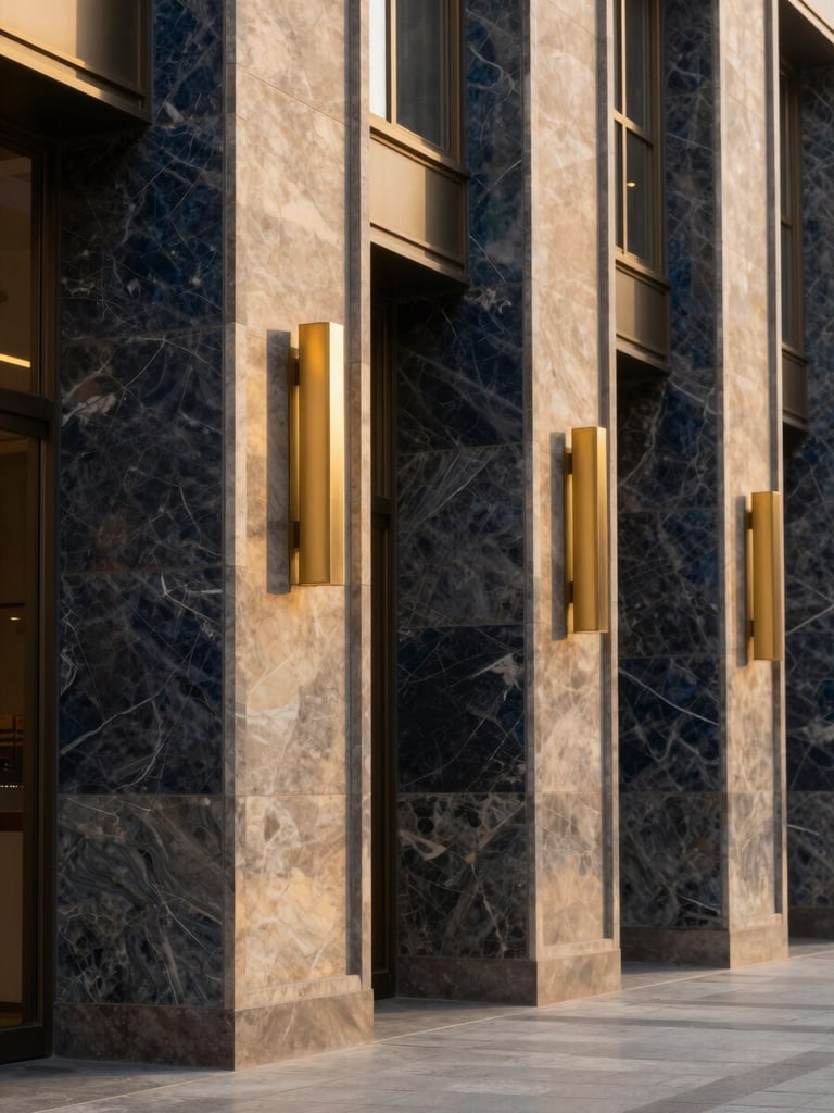 Close-up architectural detail of premium marble pillars and brushed champagne gold fittings at a completed commercial lobby