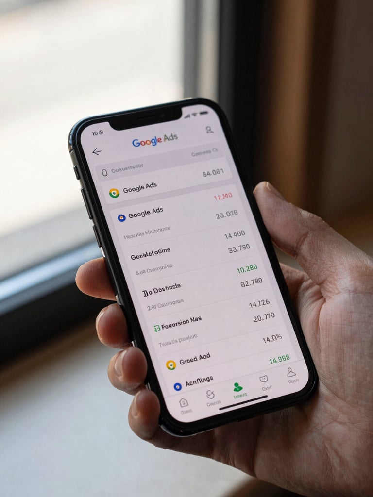 Tight crop of a smartphone screen displaying a Google Ads dashboard with conversion metrics and cost-per-click data, held in hand over a counter surface, warm daylight from a storefront window catching the screen edge, shallow depth of field