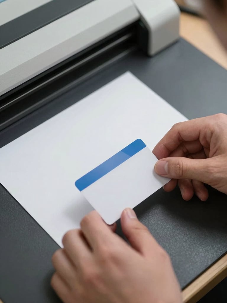 Extreme close-up overhead shot of hands placing an ID card face-down onto a flatbed scanner surface under sharp daylight, clinical white light, document edges crisp against a dark background