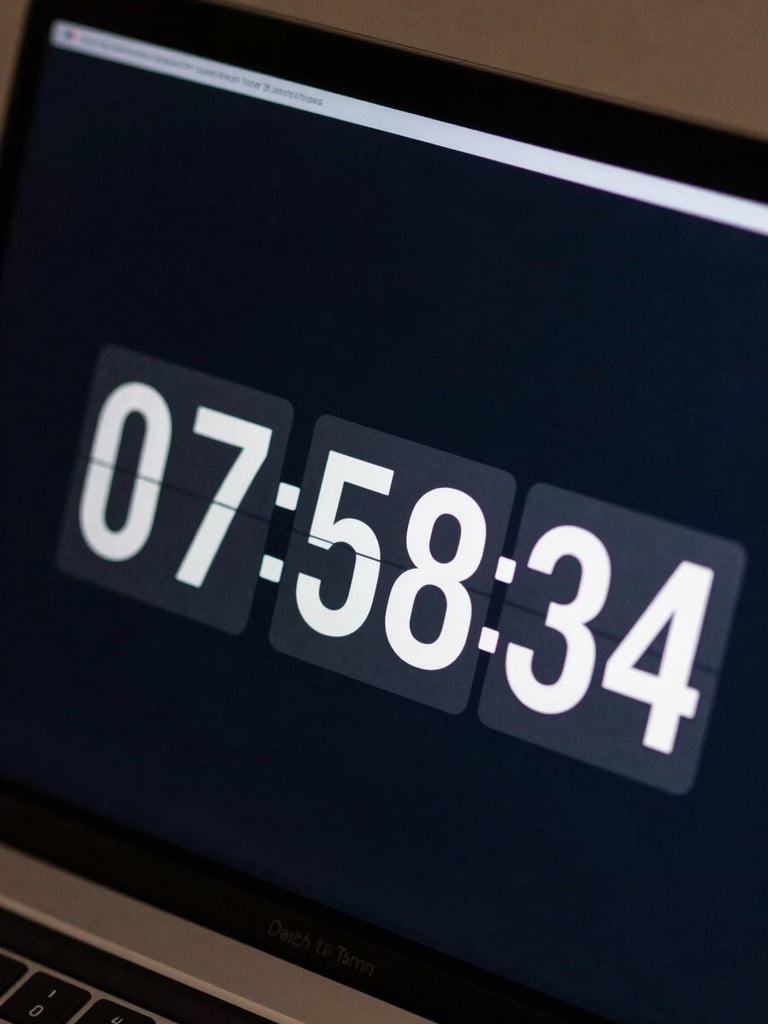 Tight overhead crop of a laptop screen showing a countdown timer display reading 07:58:34, sharp studio strobe light, dark navy interface, the timer digits in cold white against a deep surface, extreme close-up framing