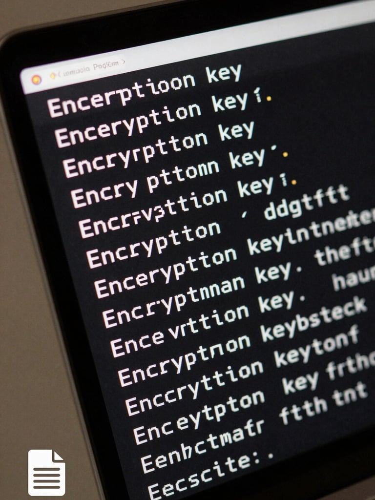 Extreme close-up overhead of a laptop screen displaying an encryption key hash string in monospace white text on a near-black terminal interface, sharp studio strobe light casting a hard edge shadow on the left, document file icon partially visible in the lower corner, clinical and precise framing