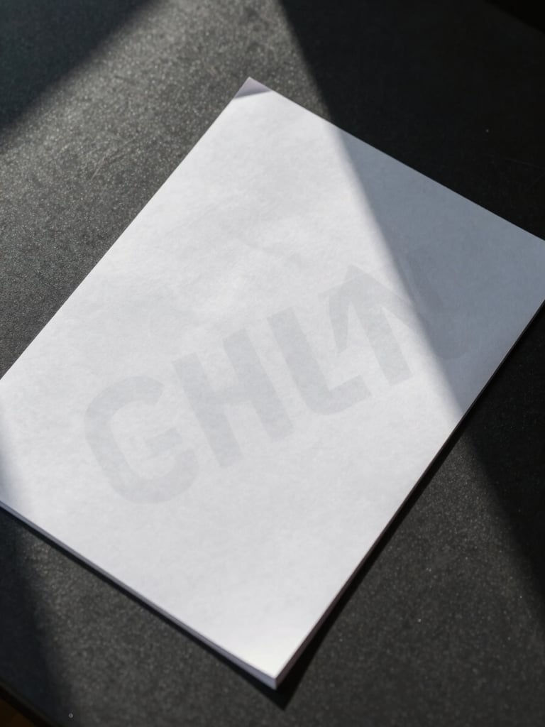 Tight overhead shot of a printed document laid flat on a dark matte surface, a semi-transparent watermark layer visibly stamped diagonally across the page in sharp daylight from a high window, hard-edged clinical shadows, no people, forensic framing