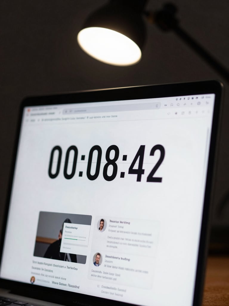 Extreme close-up of a laptop screen displaying a countdown timer at 00:08:42 with a document thumbnail below it, sharp studio strobe light from above, clinical white and navy interface visible, dark background