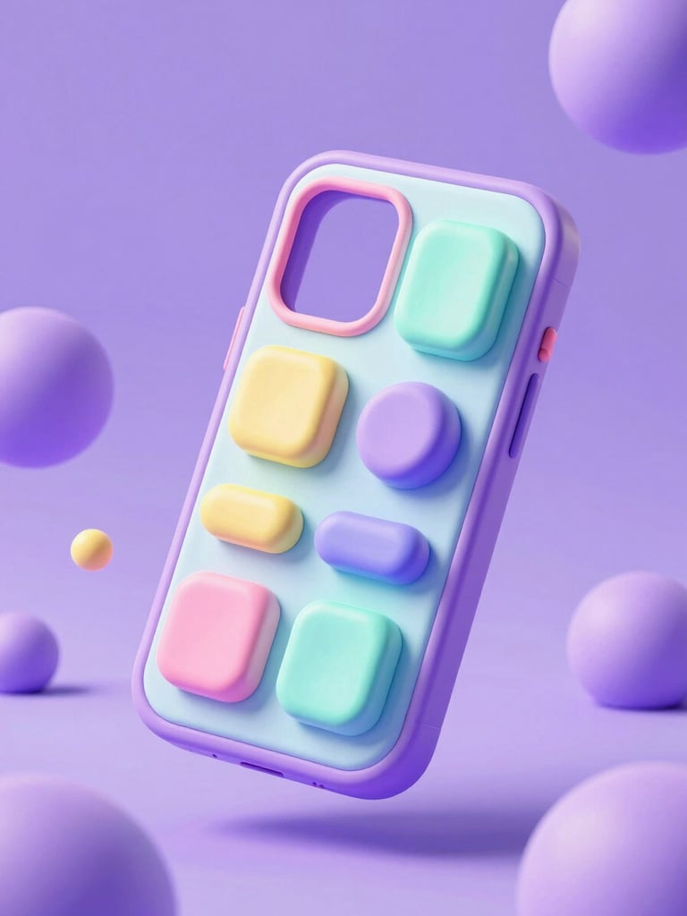 Vibrant 3D render of a stylized smartphone floating in an abstract lavender space, featuring chunky pastel-colored buttons bulging out of the screen, glossy clay textures, bright neon mint light glowing from behind, whimsical isometric depth of field.