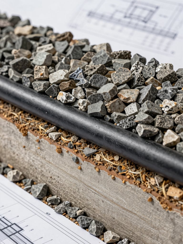 Cross-section detail of a retaining wall foundation, showcasing layers of compacted gravel, drain pipe, and geotextile fabric, technical blueprint style