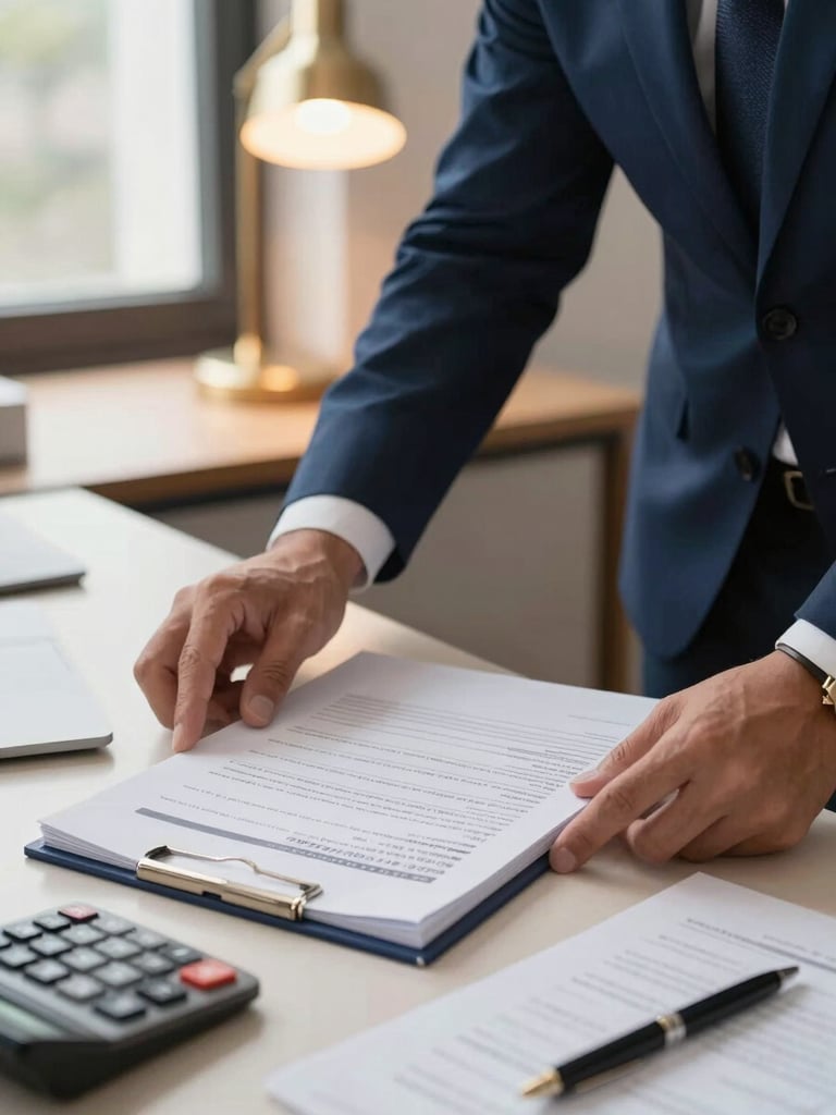 Close-up medium shot of a professional man in a navy suit leaning over a desk, hands resting on open compliance documents and a printed tax return, natural daylight from a window to the left, a calculator and pen visible at the edge of the frame, shallow depth of field, warm gold desk lamp glow in the background