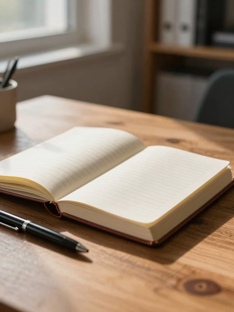 Close environmental shot of an open leather-bound notebook resting on a wooden desk surface, a pen placed beside it, warm natural window light falling across the pages, soft focus background of a sparse office shelf