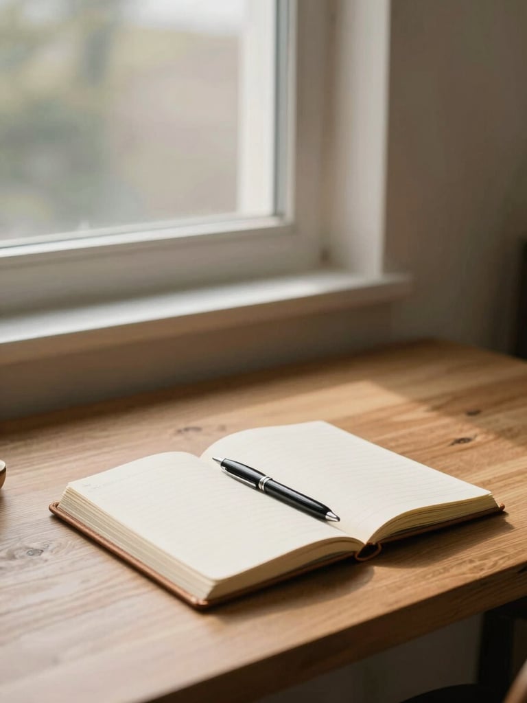 Wide environmental shot of a sparse wooden desk beside a tall window, soft warm daylight falling across an open leather-bound notebook and a single pen, no people, calm and unhurried
