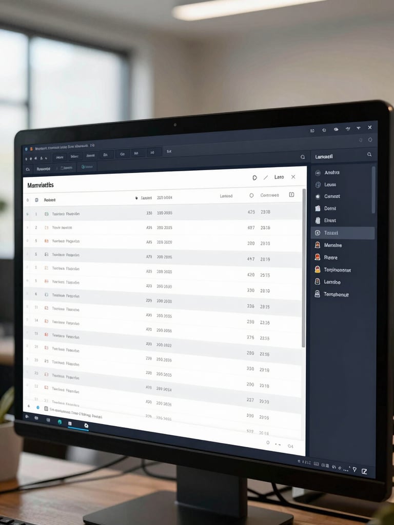 Wide application screen showing a property detail view at full width — structured data rows, document tabs, and a client timeline sidebar, all rendered in a clean dark navy interface, bright indoor office lighting, no human subjects, close crop on the UI surface