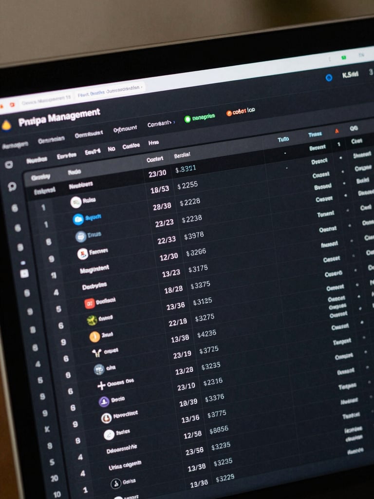 Close-up of a property management dashboard interface showing a structured listing detail view — multiple property rows with status labels, date fields, and client name columns in a clean dark-surface data table. Studio lighting, crisp digital rendering, no people, no ambient decoration.