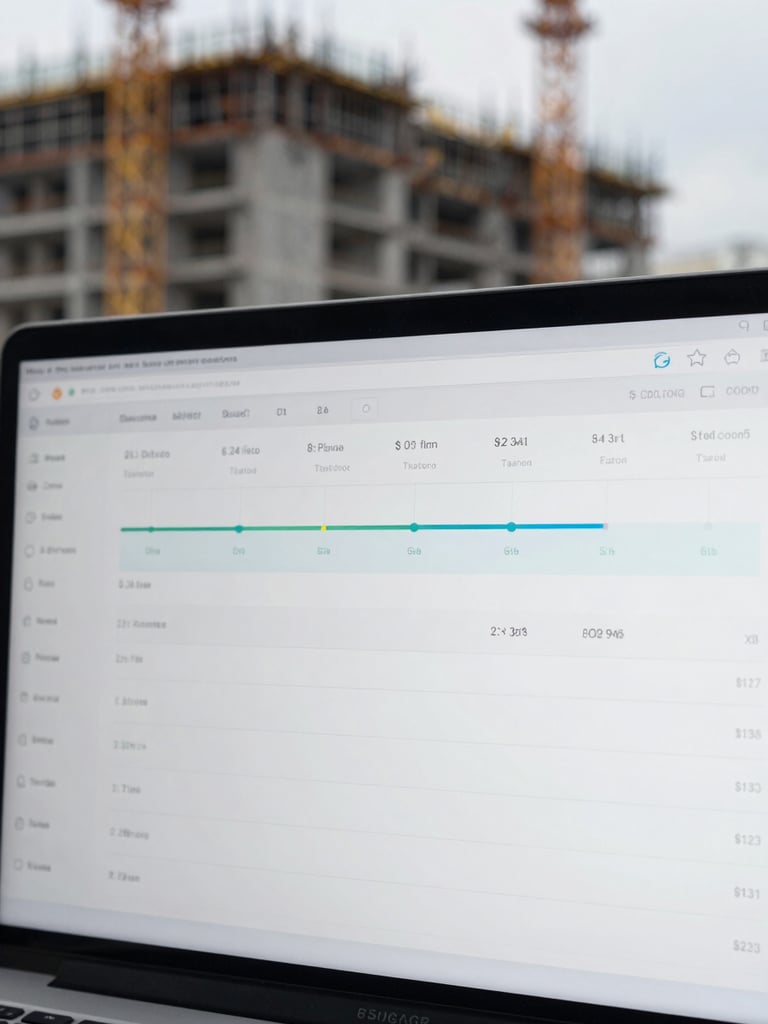Clean digital dashboard interface displaying construction project timelines and budget deviations, sharp focus, cool tones.