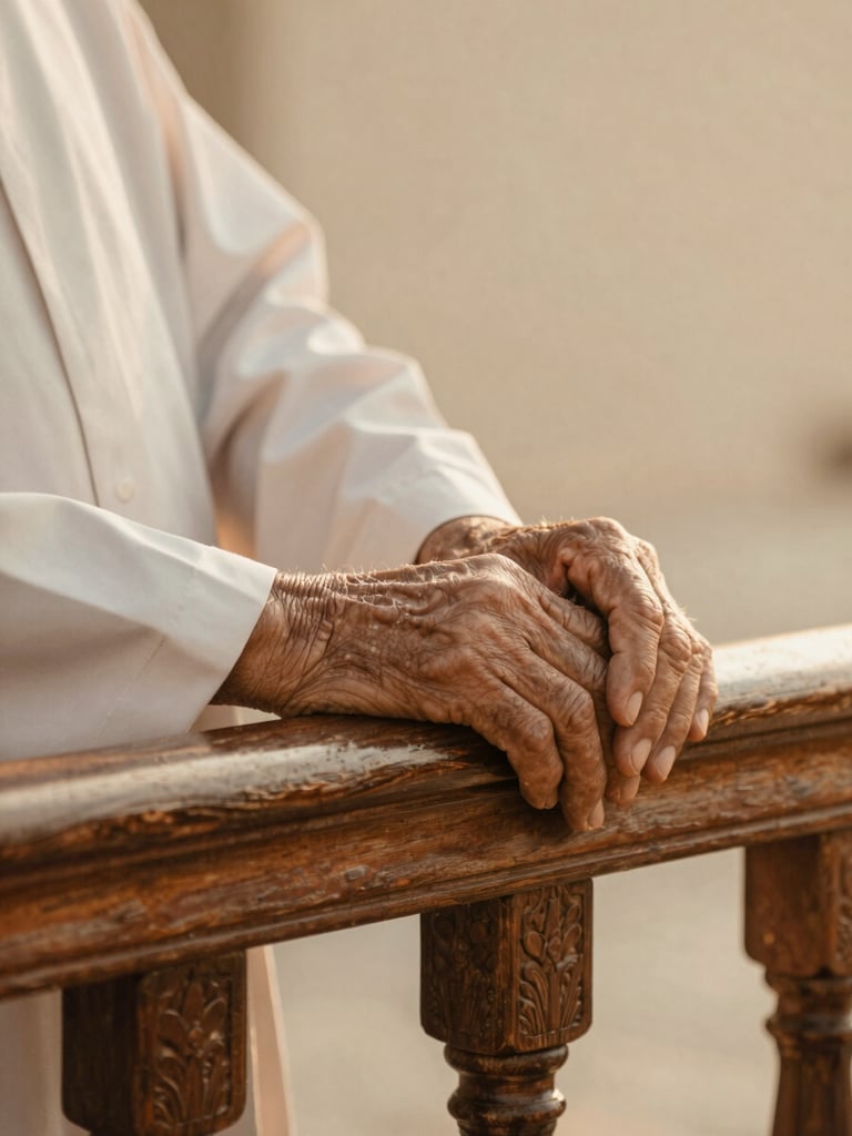 A close-up of an elderly pilgrim's hands resting on a beautifully carved wooden railing, soft morning light, warm beige tones, respectful and peaceful atmosphere.