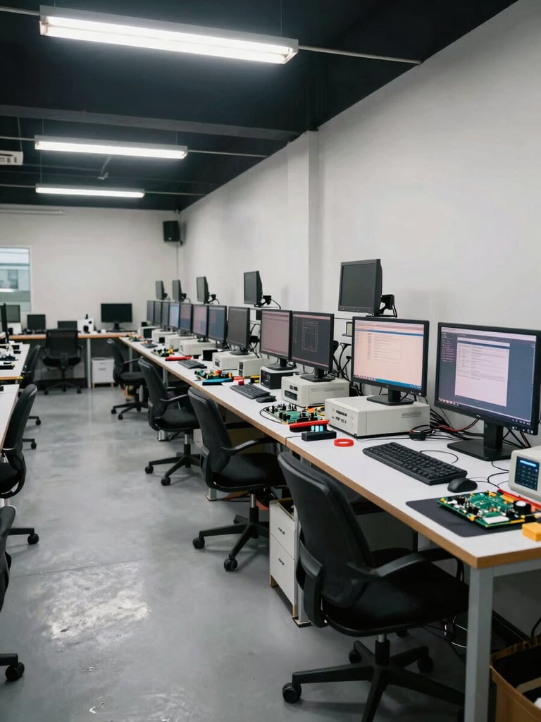 Wide panoramic shot of a computer repair workshop interior in Manila, diagnostic machines and monitors arranged on workbenches to the right, overhead fluorescent lighting casting clear white light across circuit boards and tools, generous open space to the left, no people visible