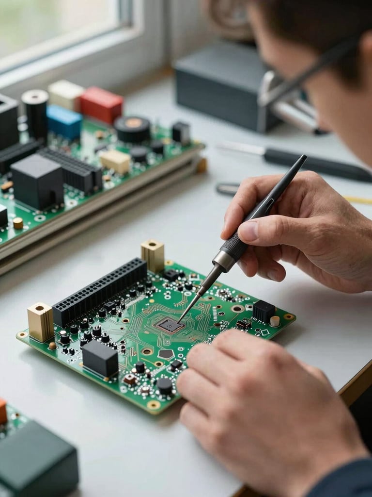 Overhead shot of technician's hands soldering a circuit board on a lit workbench, organized tool rack in soft focus behind, natural daylight from a side window illuminating the components, solder joint in sharp focus
