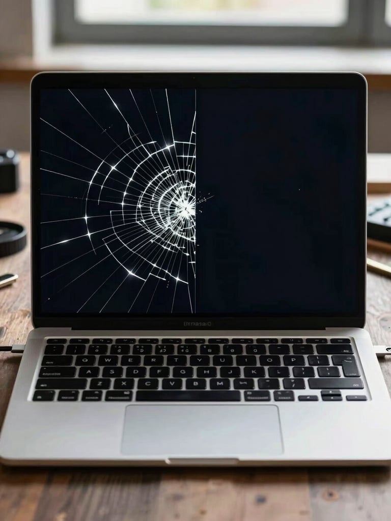 Close-up of a laptop with a severely cracked screen on the left half transitioning to the same laptop fully reassembled with a pristine display on the right half, shot on a workbench under cool natural daylight, tools visible at the edges, extreme detail on the screen surface