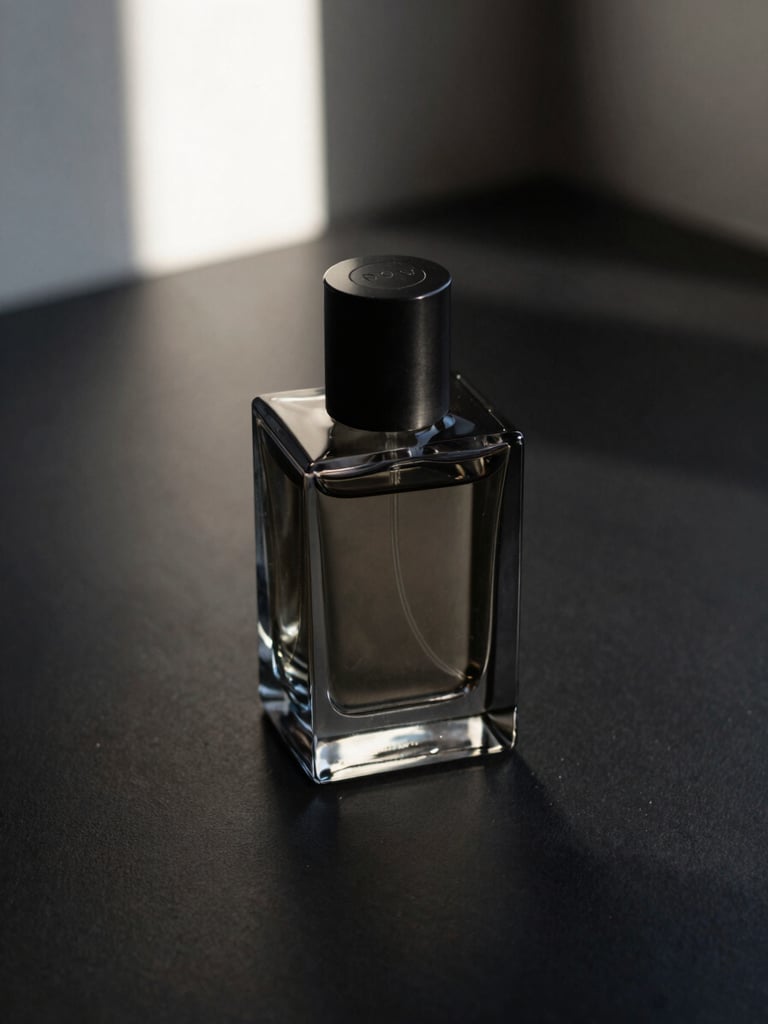 Close-up of a dark glass perfume bottle on a matte black surface, single shaft of north-facing window light raking across the curved shoulder of the bottle, deep shadow on the left, minimal negative space to the right