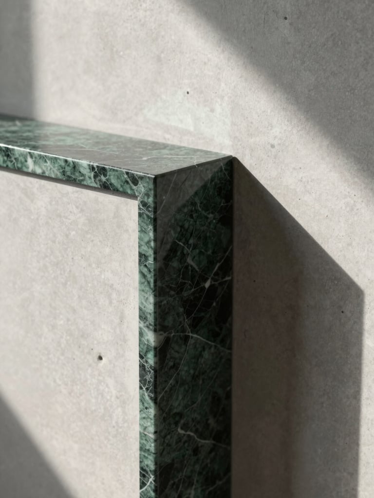 Tight architectural detail shot — a dark green marble surface edge meeting a pale concrete wall, strong raking north-facing studio light revealing every vein and shadow, geometric and still, no people