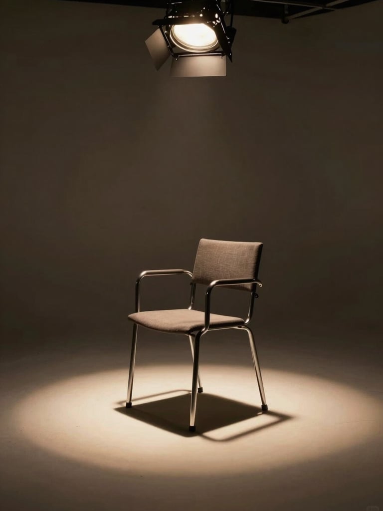 Wide environmental shot of a film director's empty chair on a sparse studio set, single overhead tungsten light casting a precise pool of warm illumination on the chair, deep shadow surrounding, geometric and austere