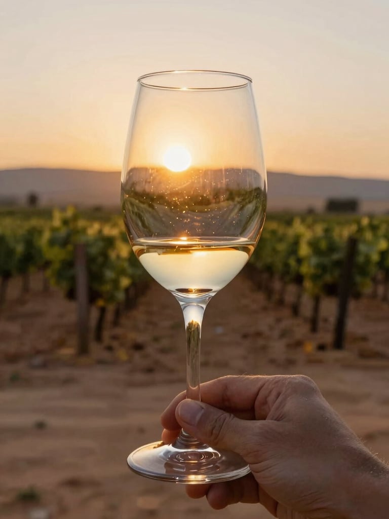 Close-up editorial framing of a backlit wine glass held at arm's length against an open desert landscape at golden hour, warm amber light flooding through the glass, vineyard rows soft in the background, hand visible at bottom of frame, no faces