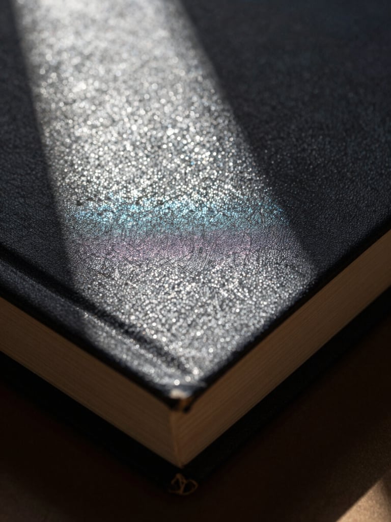 High-contrast close-up of physical book textures, embossed foil glinting under harsh single-source artificial light, deep shadows.