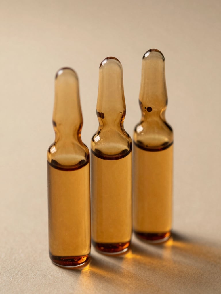Close-up of three amber glass medical ampoules standing in a row on a clean light beige surface, soft warm golden-hour light reflecting.