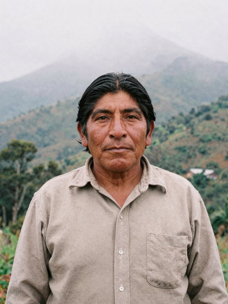 Retrato medio de un artesano de la sierra de Tlacolulan mirando con dignidad a la cámara, fondo de bosque de niebla difuminado, luz natural suave, tonos tierra