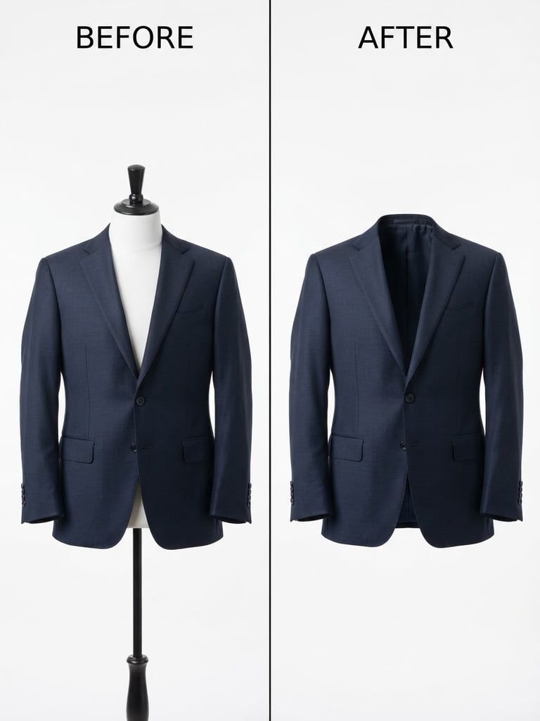 Sharp high-key studio photography, split-screen before-and-after of apparel on invisible mannequin, neutral white background, crisp details, 50mm