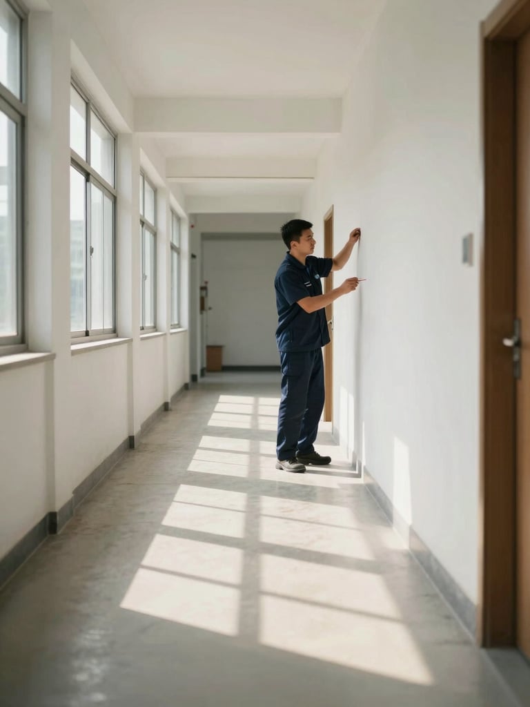 Wide interior shot, a uniformed crew member working a detail pass along a baseboard in a clean empty commercial corridor, natural daylight from a window at the far end casting even shadowless light across the floor, framed from low angle to emphasize the deliberate, methodical posture of the worker — no eye contact, no posed stance, just focused execution
