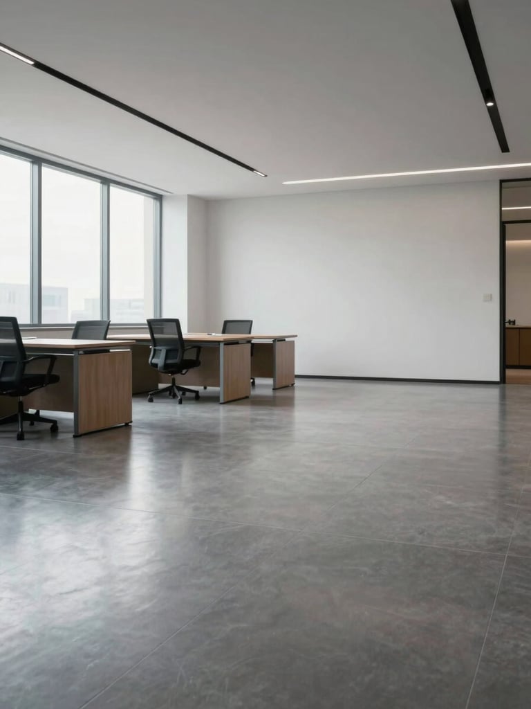 Wide environmental shot of a freshly cleaned open-plan office interior, empty desks and floors gleaming under even diffused window light from the left, looking toward the far wall with clean architectural lines, no people present, shot from a low angle to emphasize floor detail