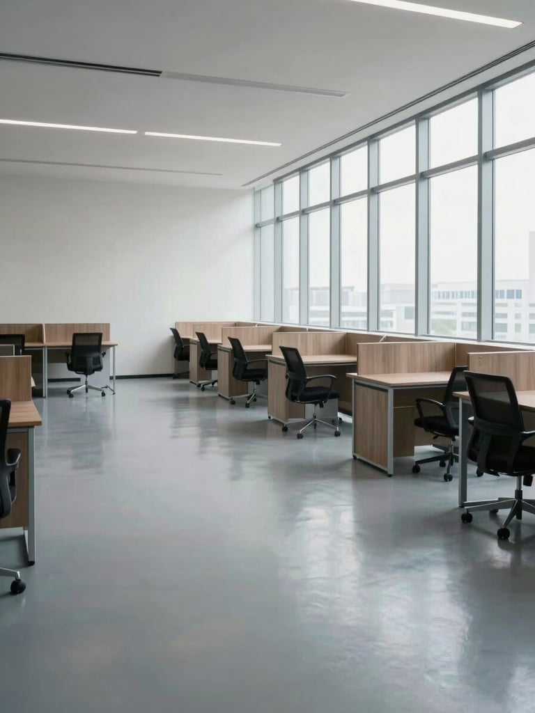 Wide environmental shot of a clean, empty modern office room photographed immediately after service — polished floor, aligned furniture, no clutter, lit by even natural light from floor-to-ceiling windows to the right, generous negative space on the left third of the frame